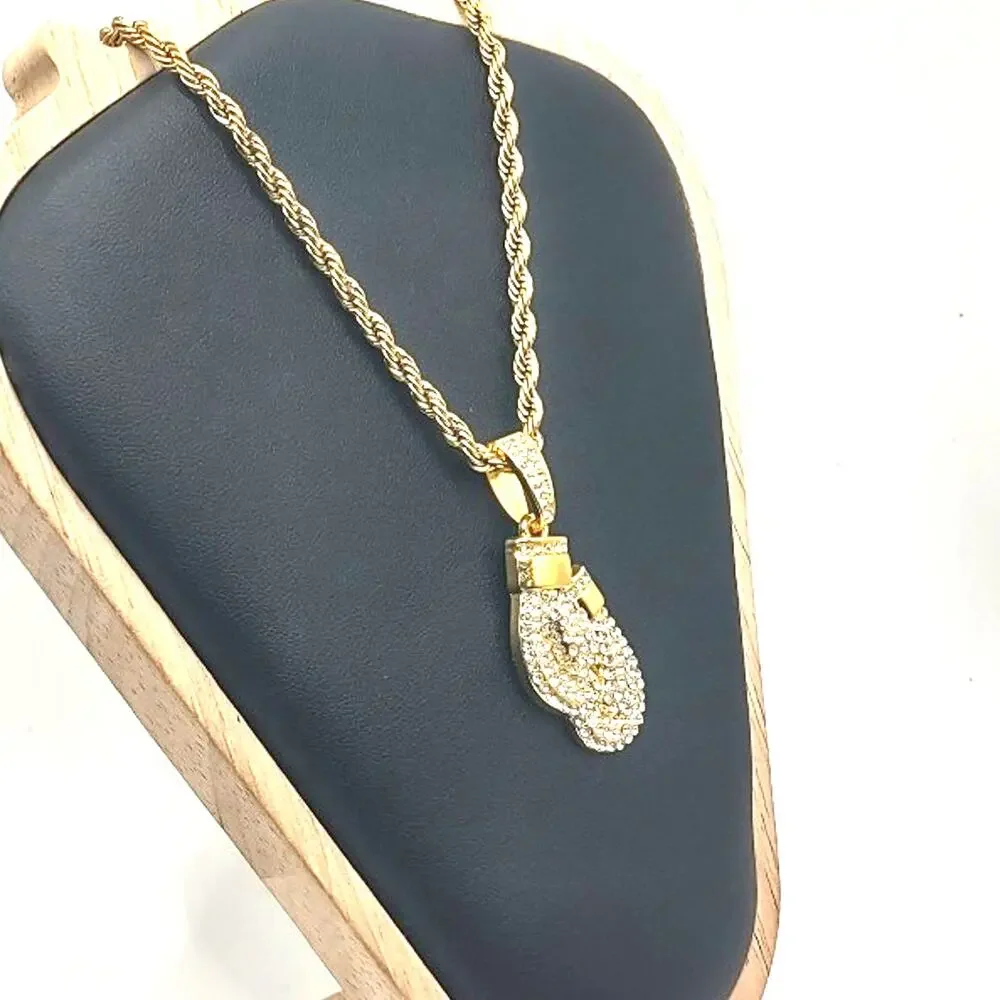 18k Plated Golden Gloves Necklace Diamond Cut Twist Chain Iced Out Birthday NEW!